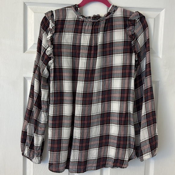 Loft Plaid Ruffle Button-Collar & Ruffle Shoulder Lightweight Blouse - Picture 4 of 4